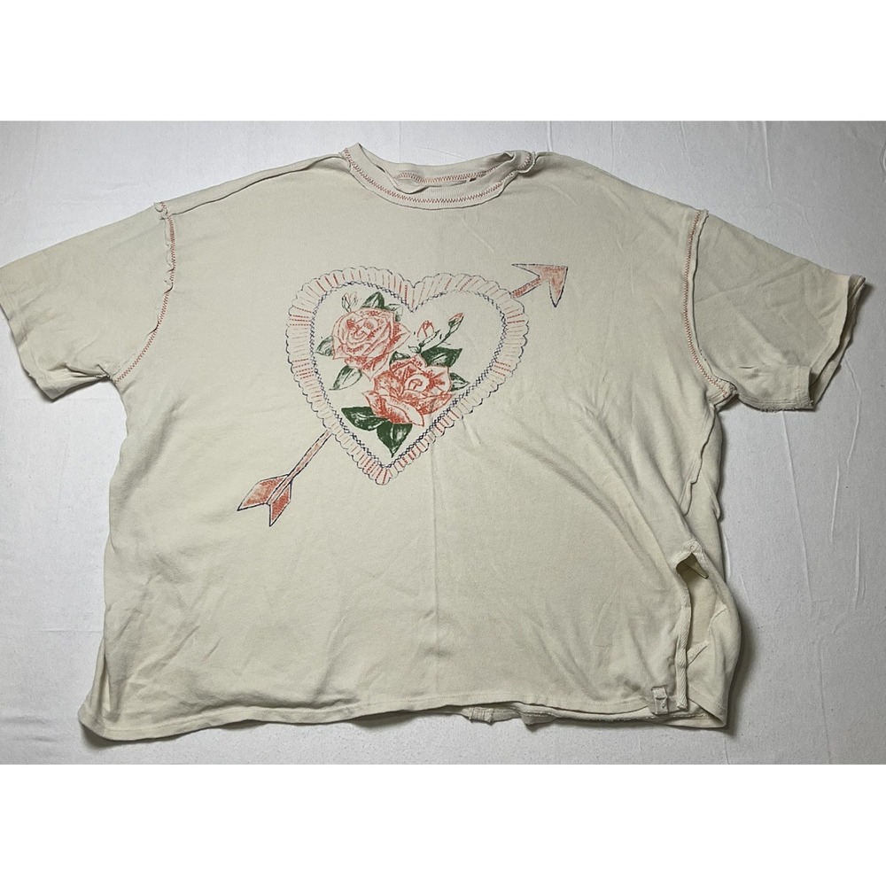 We The Free People Love Rose T Ivory Shirt Oversized Heart Slouchy Cotton S 619